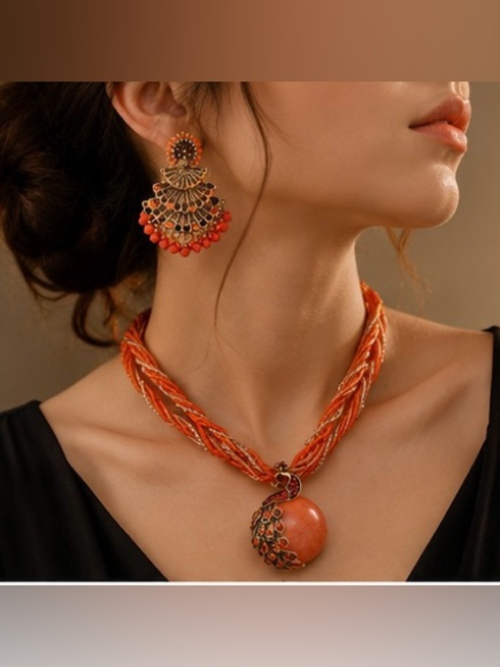 Vintage Statement Jewelry Set Braided Pendant Necklace & Fan Drop Earrings Boho